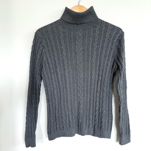 Lands' End Sweaters - Lands’ End Grey Cable Knit Turtleneck Sweater 100% Cotton Size Medium